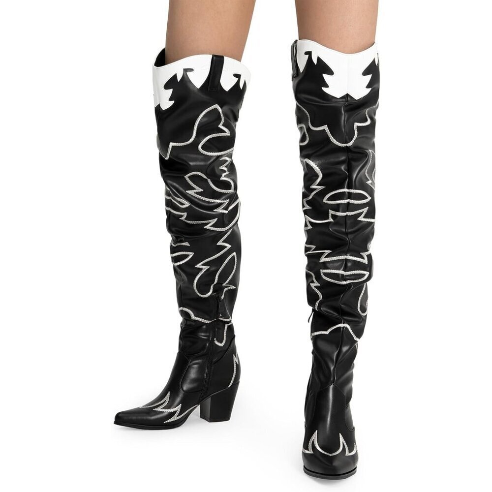 Women Black Faux Suede Cowboy Boots Over The Knee Thigh High Western Boots - Picture 7 of 7